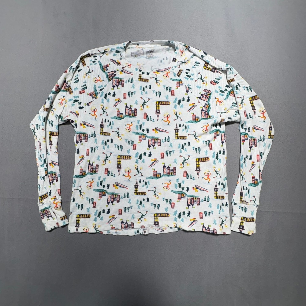Aerie London Print Waffle Knit Thermal Long Sleeve Pajama Top White XL